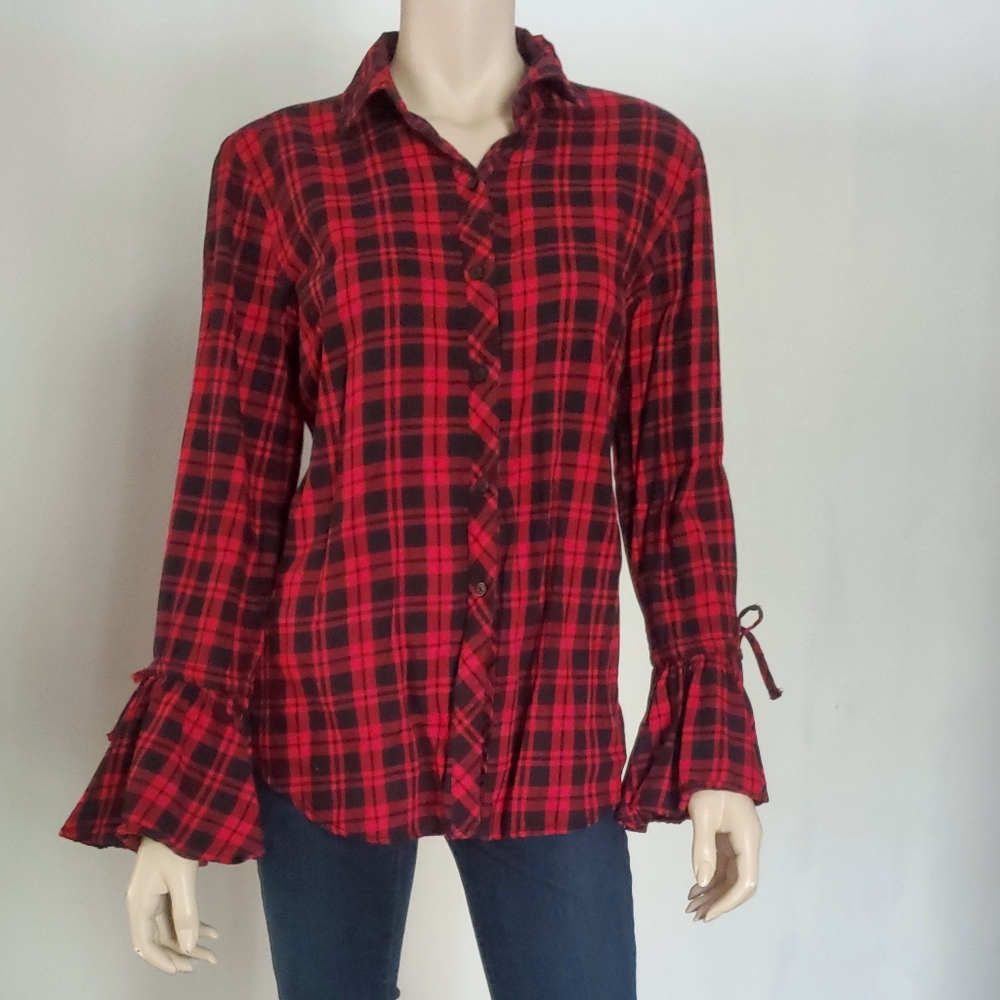 Red Black Plaid Bell Sleeve Shirt